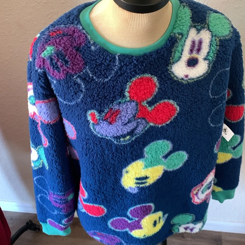 Disney Parks Mickey Mouse Sherpa Fleece Sweater US Size large Multicolor Faces - Picture 5 of 13